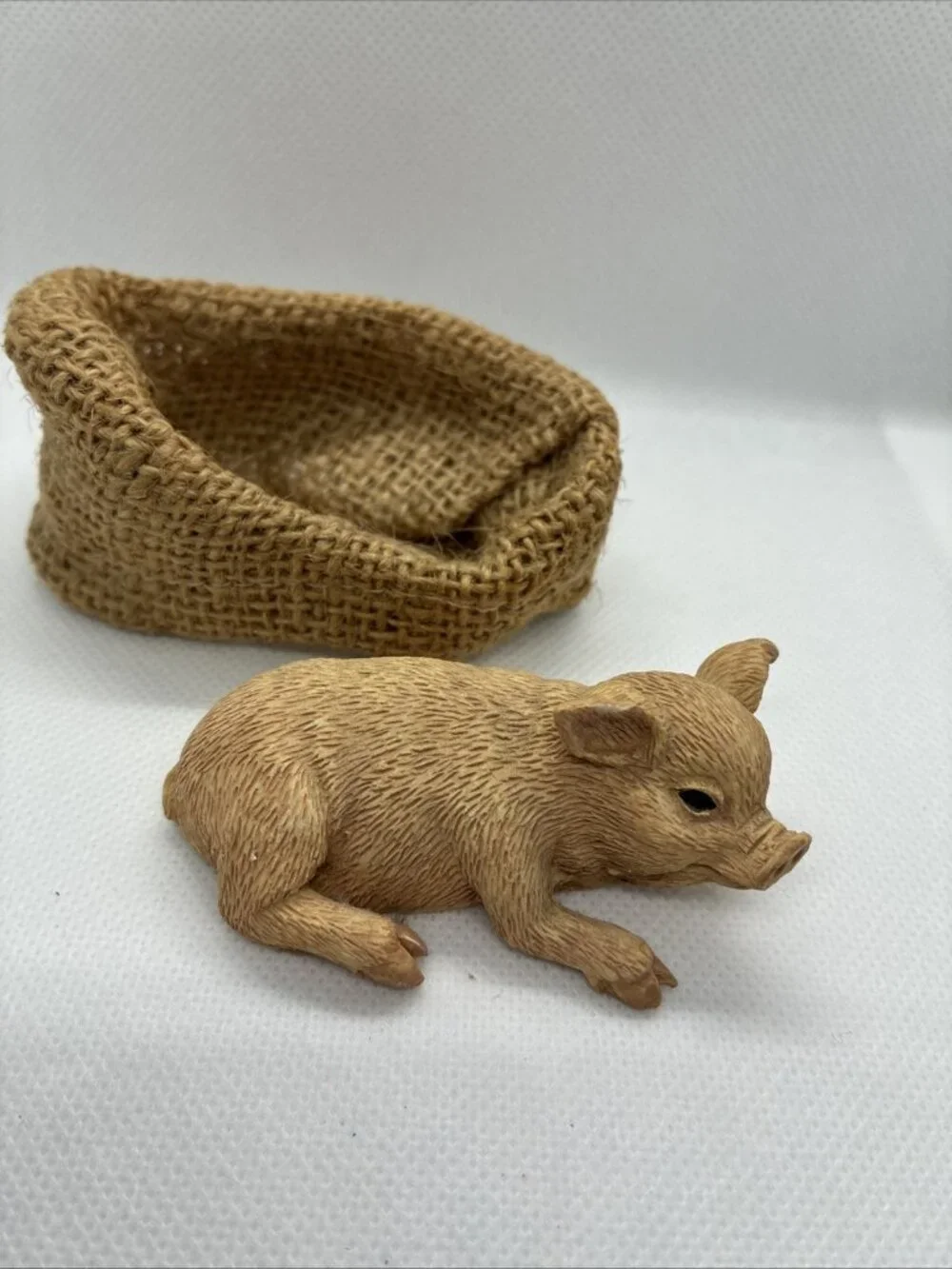 Resin Piglet in Burlap Basket Farmhouse Country Decor Figurine Pig Sculpture